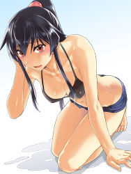 Rule 34 | 1girl, abo (hechouchou), barefoot, bikini, bikini top only, black bikini, black hair, blue background, blue shorts, breasts, butt crack, commentary request, full body, gradient background, highres, kantai collection, kneeling, long hair, looking at viewer, medium breasts, ponytail, red eyes, scrunchie, short shorts, shorts, sidelocks, smile, solo, swimsuit, white background, yahagi (kancolle)