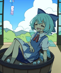 Rule 34 | 1girl, :d, absurdres, blue hair, blue sky, bow, bucket, cirno, cloud, cloudy sky, day, dress, drooling, closed eyes, fang, hair bow, highres, ice, ice wings, in bucket, in container, kame (kamepan44231), mouth drool, open mouth, short hair, short sleeves, sitting, skin fang, sky, smile, solo, touhou, wings