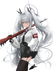 Rule 34 | 1girl, absurdres, ass, black gloves, black necktie, black skirt, black tail, black thighhighs, blue archive, blush, bolt action, closed mouth, collared shirt, demon tail, gloves, grey hair, grey halo, gun, hair over one eye, halo, highres, hikimori 1, holding, holding gun, holding weapon, iori (blue archive), long hair, long sleeves, mauser 98, necktie, pleated skirt, red eyes, rifle, shirt, simple background, skirt, solo, tail, thighhighs, twintails, weapon, white background, white shirt