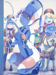 Rule 34 | 1boy, 4girls, armor, black legwear, blonde hair, blue skin, colored skin, extra eyes, closed eyes, fangs, green skin, hat, highres, horns, lips, mary janes, mask, mouth mask, multiple girls, nurse, nurse cap, on one knee, open mouth, original, pointy ears, rapama, shoes, sitting, skirt, surgical mask, sweat, thighhighs, twintails, white legwear, zettai ryouiki