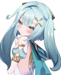 Rule 34 | 1girl, aqua hair, bare shoulders, blue hair, closed mouth, clothing cutout, commentary request, cowlick, dress, faruzan (genshin impact), genshin impact, green eyes, hair ornament, highres, jewelry, long hair, looking at viewer, looking back, ribbon, short sleeves, shoulder cutout, simple background, sleeveless, sleeveless dress, solo, symbol-shaped pupils, triangle-shaped pupils, tsurime, upper body, ura (hamburg oniku), white background, white dress, wristlet, x hair ornament