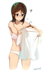 Rule 34 | 1girl, blush, bra, breath, brown eyes, brown hair, clothes hanger, clothes in front, cowboy shot, dated, glasses, holding, holding clothes, jpeg artifacts, original, panties, sasamori tomoe, shirt, simple background, solo, underwear, underwear only, white background, white bra, white panties, white shirt