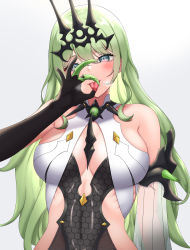 Rule 34 | 1girl, 1nilla&#039;, absurdres, bare shoulders, black gloves, blue eyes, blush, breasts, center opening, cleavage, detached sleeves, elbow gloves, fellatio gesture, gloves, gradient eyes, green hair, grey background, hair between eyes, highres, honkai (series), honkai impact 3rd, long hair, looking at viewer, mobius (honkai impact), multicolored eyes, pink eyes, ribs, see-through, simple background, single detached sleeve, single elbow glove, slit pupils, solo, steam, tongue, tongue out, upper body, white background