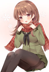 Rule 34 | 10s, 1girl, bad id, bad nicoseiga id, black pantyhose, blush, breasts, brown eyes, brown hair, commentary request, eyebrows, gradient background, green skirt, kantai collection, long hair, long sleeves, looking at viewer, masayo (gin no ame), medium breasts, miniskirt, neckerchief, ooi (kancolle), open mouth, panties, panties under pantyhose, pantyhose, plaid, plaid scarf, pleated skirt, revision, scarf, school uniform, serafuku, simple background, skirt, solo, underwear