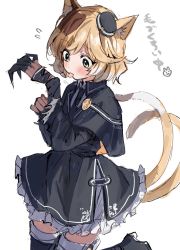 Rule 34 | 1girl, animal ears, arknights, black dress, black hat, black thighhighs, blonde hair, blush, brown hair, cat ears, cat girl, cat tail, claw (weapon), cowboy shot, dress, flying sweatdrops, gothic lolita, green eyes, hat, highres, leg up, lolita fashion, mini hat, mousse (arknights), multicolored hair, multiple tails, na tarapisu153, short hair, solo, tail, thighhighs, tongue, tongue out, two tails, weapon, white background, white hair