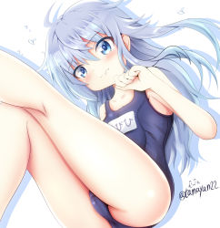 Rule 34 | 1girl, ass, bare arms, bare shoulders, blue eyes, blue one-piece swimsuit, blush, closed mouth, colored shadow, commentary request, drop shadow, hair between eyes, hand up, hibiki (kancolle), kantai collection, kneepits, long hair, name tag, one-piece swimsuit, school swimsuit, shadow, silver hair, solo, swimsuit, tamayan, thighs, twitter username, very long hair, water drop, wavy mouth, white background