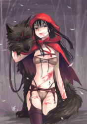 Rule 34 | 1girl, bf. (sogogiching), big bad wolf, bikini, black hair, blood, blood on face, female focus, front-tie top, grimm&#039;s fairy tales, little red riding hood, little red riding hood (grimm), solo, string bikini, swimsuit, thighhighs, wolf