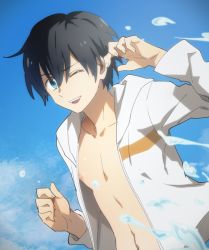 Rule 34 | 10s, 1boy, black hair, blue eyes, blue sky, bubble, cloud, cloudy sky, commentary request, darling in the franxx, day, hand up, highres, hiro (darling in the franxx), hood, hoodie, kimidarli, male focus, navel, one eye closed, open clothes, open hoodie, open mouth, short hair, sky, solo, water, white hoodie