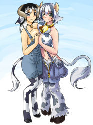 Rule 34 | 10s, 2girls, animal ears, animal print, bell, black hair, blush, breast press, breasts, character request, collar, cow ears, cow girl, cow horns, cow print, cow tail, cowbell, crop top, crossover, green eyes, holding hands, holstaur (monster girl encyclopedia), hooves, horns, huge breasts, long hair, matsu-sensei, monster girl, monster girl encyclopedia, monster musume no iru nichijou, multiple girls, naked overalls, neck bell, no bra, overalls, pigeon-toed, short hair, silver hair, symmetrical docking, tail, trait connection, unzipped
