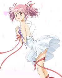 Rule 34 | 1girl, :d, alternate costume, blush, dress, hair ribbon, hands on own chest, heart, kaname madoka, kinfuji, looking at viewer, mahou shoujo madoka magica, mahou shoujo madoka magica (anime), open mouth, own hands together, pink eyes, pink hair, red ribbon, ribbon, short hair, short twintails, simple background, smile, solo, twintails, valentine, white background, white dress