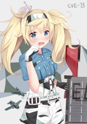 Rule 34 | 1girl, blonde hair, blouse, blue eyes, blue shirt, blush, breast pocket, gambier bay (kancolle), grey background, hair between eyes, hairband, highres, kantai collection, long hair, personification, pocket, shirt, shy, simple background, solo, twintails, uniform