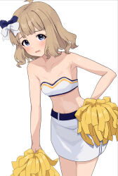 Rule 34 | 1girl, ahoge, armpits, bare shoulders, belt, belted skirt, blue belt, blue bow, blue eyes, blush, bow, breasts, cheerleader, collarbone, commentary request, cowboy shot, crop top, ebifu, hair bow, hand on own hip, highres, idolmaster, idolmaster million live!, light brown hair, looking at viewer, navel, open mouth, pom pom (cheerleading), shirt, short hair, sidelocks, skirt, small breasts, solo, stomach, suou momoko, thighs, wavy hair, wavy mouth, white background, white bow, white shirt, white skirt