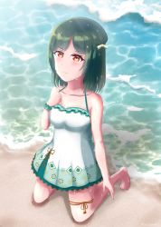 Rule 34 | 1girl, absurdres, artist name, artist request, bare legs, bare shoulders, barefoot, beach, black hair, blue hair, breasts, cleavage, clenched hand, collarbone, dark blue hair, dark green hair, feet, frills, full body, hair between eyes, highres, leg ribbon, looking at viewer, love live!, love live! nijigasaki high school idol club, love live! school idol festival, medium breasts, mifune shioriko, nail polish, ocean, one-piece swimsuit, orange eyes, orange ribbon, parted lips, pink nails, red eyes, ribbon, short hair, sitting, smile, solo, swimsuit, toenail polish, toenails, wet, wet hair, white one-piece swimsuit