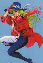 Rule 34 | 1980s (style), 1girl, fingerless gloves, gloves, green hair, grin, hand on own hat, hat, hat ribbon, high heels, highres, ink (medium), key visual, long hair, looking at viewer, megazone 23, mikimoto haruhiko, official art, oldschool, production art, promotional art, retro artstyle, ribbon, scan, scarf, smile, tokimatsuri eve, traditional media