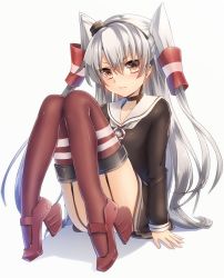 Rule 34 | 10s, 1girl, amatsukaze (kancolle), blush, brown eyes, choker, dress, garter straps, hair tubes, highres, kantai collection, keita (tundereyuina), knees together feet apart, long hair, looking at viewer, sailor dress, school uniform, serafuku, short dress, silver hair, sitting, solo, striped clothes, striped thighhighs, thighhighs, two side up, white background