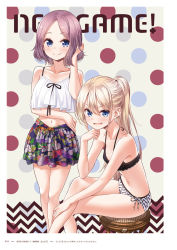 Rule 34 | 2girls, :d, bikini, black bikini, blonde hair, blue eyes, blush, breasts, closed mouth, collarbone, copyright name, crossed legs, floral print, hair between eyes, halterneck, hand in own hair, head rest, highres, long hair, looking at viewer, midriff, miniskirt, mismatched bikini, multiple girls, navel, new game!, official art, open mouth, page number, parted bangs, pleated skirt, polka dot, polka dot background, ponytail, print skirt, purple hair, purple skirt, shirt, short hair, side-tie bikini bottom, sitting, skirt, sleeveless, sleeveless shirt, small breasts, smile, stomach, swimsuit, tokunou shoutarou, tooyama rin, very long hair, white bikini, white shirt, yagami kou