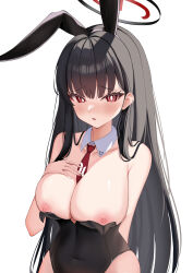 1girl absurdres animal_ears bare_shoulders between_breasts black_hair blue_archive blush breasts cleavage covered_navel detached_collar fake_animal_ears halo highres kerube large_breasts leotard long_hair necktie necktie_between_breasts nipples playboy_bunny rabbit_ears red_eyes red_necktie ringed_eyes rio_(blue_archive) simple_background solo variant_set white_background