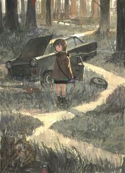 Rule 34 | 1girl, abandoned, absurdres, akziqi, arms at sides, bag, black footwear, black skirt, boots, broken down, brown eyes, brown hair, car, cat, cigarette, commentary request, day, expressionless, flower, forest, grass, heel up, highres, holding thermos, hood, hood down, hooded jacket, jacket, lavender (flower), long sleeves, looking to the side, medium hair, motor vehicle, mouth hold, nature, original, outdoors, purple flower, scenery, shoulder bag, skirt, smoke trail, smoking, socks, solo, standing, stream, thermos, tire, tree, white socks, wide shot