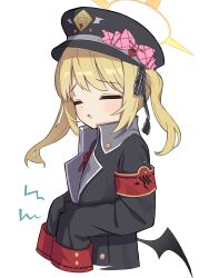 Rule 34 | 1girl, :o, absurdres, armband, black jacket, blonde hair, blue archive, blush, bow, closed eyes, demon wings, hat, hat bow, highres, hungry, ibuki (blue archive), jacket, low wings, military jacket, neck ribbon, oversized clothes, parted lips, peaked cap, ribbon, side ponytail, simple background, solo, tadashisa, white background, wings