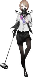 Rule 34 | 1girl, black pantyhose, black skin, black skirt, blush, brown eyes, brown hair, caligula (game), colored skin, covered mouth, flower, gloves, hammer, holding, holding weapon, long sleeves, looking at viewer, mask, official art, oguchi, pantyhose, shinohara mifue, simple background, skirt, solo, standing, weapon, white background