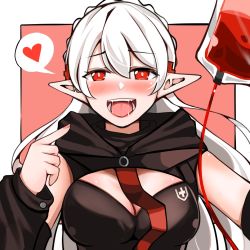 Rule 34 | 1girl, arknights, blood, blood bag, breasts, cleavage, cleavage cutout, clothing cutout, commentary request, detached sleeves, doc.chen, elf, fangs, heart, heart-shaped pupils, hood, hooded jacket, intravenous drip, jacket, long hair, open mouth, pointy ears, red eyes, solo, speech bubble, spoken heart, symbol-shaped pupils, vampire, warfarin (arknights), white hair