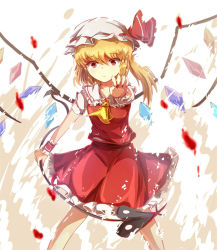 Rule 34 | 1girl, ascot, bad id, bad pixiv id, blonde hair, blood, dress, flandre scarlet, hat, hat ribbon, kotou (ko-tou), laevatein, looking at viewer, mob cap, nail polish, outstretched arm, puffy short sleeves, puffy sleeves, red dress, red eyes, red nails, ribbon, short sleeves, side ponytail, solo, tears, touhou, wings, wrist cuffs