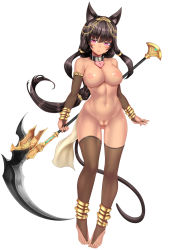 Rule 34 | 1girl, animal ears, anklet, armlet, black hair, blush, bracelet, breasts, brown thighhighs, cat ears, cat tail, collar, dark-skinned female, dark skin, egyptian, female pubic hair, full body, gloves, heart-shaped lock, jewelry, large breasts, long hair, looking at viewer, lots of jewelry, navel, nipples, nude, oni-noboru, original, pubic hair, purple eyes, pussy, scythe, simple background, solo, tail, thighhighs, toeless legwear, toes, uncensored, white background