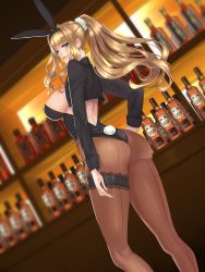 Rule 34 | 1girl, alcohol, animal ears, ass, back-seamed legwear, bar (place), black pantyhose, blonde hair, blue eyes, blush, bottle, breasts, bridal garter, cropped jacket, damegane, fake animal ears, female focus, formal, hand on own hip, highres, jacket, large breasts, leotard, lips, long hair, looking at viewer, pantyhose, parted lips, playboy bunny, ponytail, rabbit ears, rabbit tail, scrunchie, seamed legwear, smile, solo, tail, wine, wine bottle, wrist cuffs