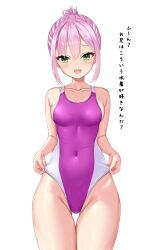 Rule 34 | 1girl, adjusting clothes, adjusting swimsuit, breasts, commentary, competition swimsuit, covered navel, green eyes, hair between eyes, hair bun, highleg, highleg swimsuit, highres, looking at viewer, medium breasts, ncontrail (mgax7527), one-piece swimsuit, pink hair, pink one-piece swimsuit, short hair, sidelocks, smile, solo, swimsuit, tanikaze amane, tenshi souzou re-boot!, translated, two-tone swimsuit