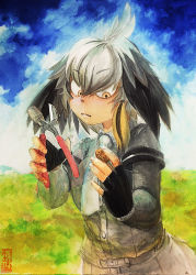 Rule 34 | 1girl, bird wings, black gloves, blonde hair, blue sky, closed mouth, cloud, collared shirt, colored pencil (medium), commentary request, cowboy shot, feathered wings, fingerless gloves, gloves, grey hair, grey shirt, grey shorts, head wings, highres, kemono friends, layered sleeves, long sleeves, medium hair, multicolored hair, necktie, outdoors, seal impression, shirt, shoebill (kemono friends), short over long sleeves, short sleeves, shorts, sidelocks, sky, solo, traditional media, walnut, white necktie, wings, yellow eyes, yukiman