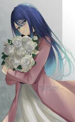 Rule 34 | 1girl, aqua hair, black shirt, blue hair, bouquet, coat, commentary, crossed arms, eyelashes, flower, gradient hair, green eyes, grey background, hair over one eye, head tilt, highres, holding, holding bouquet, kurokawa akane, long hair, long sleeves, looking at viewer, looking to the side, multicolored hair, open clothes, open coat, oshi no ko, parted lips, pink coat, rose, shirt, sideways glance, skirt, solo, swept bangs, tktk zakana, twitter username, white flower, white rose, white skirt