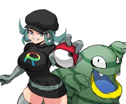 Rule 34 | 1girl, absurdres, alolan form, alolan grimer, alternate breast size, alternate color, bad id, bad pixiv id, belt, black shirt, blouse, breasts, cleanerjay, covered navel, creatures (company), curvy, game freak, gen 7 pokemon, gloves, green eyes, green hair, grin, hat, highres, holding, holding poke ball, large breasts, looking at viewer, monster, nintendo, poke ball, pokemon, pokemon sm, shiny pokemon, shiny skin, shirt, simple background, slime, smile, solo, team rainbow rocket, team rainbow rocket grunt, thick thighs, thighhighs, thighs, turtleneck, uniform, white background
