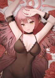Rule 34 | 1girl, absurdres, arms up, aru (blue archive), bare shoulders, black choker, black dress, blue archive, breasts, choker, covered navel, dress, flower, from above, halo, halter dress, halterneck, hand on own head, highres, horns, lace-trimmed choker, lace trim, long hair, looking at viewer, lying, medium breasts, on back, parted lips, popcat (jung5u), red flower, red hair, red rose, rose, sleeveless, sleeveless dress, smile, solo, upper body, yellow eyes