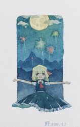 Rule 34 | 1girl, absurdres, aerial fireworks, black dress, dress, fireworks, hair ribbon, highres, landscape, moon, mountain, night, night sky, painting (medium), red eyes, ribbon, rumia, short hair, sky, smile, solo, touhou, traditional media, watercolor (medium), yeshi (pixiv45982327)