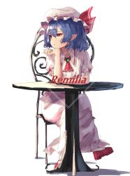 Rule 34 | 1girl, ascot, blue hair, blush, brooch, chair, character name, commentary request, dress, fingernails, full body, hair between eyes, hand up, hat, hat ribbon, head rest, highres, jewelry, looking to the side, manichi, mob cap, parted lips, pointy ears, puffy short sleeves, puffy sleeves, red ascot, red eyes, red footwear, red ribbon, remilia scarlet, ribbon, shadow, sharp fingernails, shoes, short hair, short sleeves, simple background, sitting, solo, table, touhou, white background, white dress, white hat