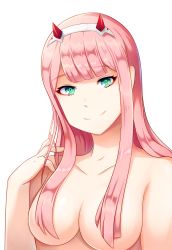 Rule 34 | 10s, 1girl, absurdres, aqua eyes, breasts, cleavage, darling in the franxx, hair censor, hairband, highres, horns, long hair, looking at viewer, medium breasts, nude, pink hair, sho-tan, simple background, smile, solo, upper body, white background, zero two (darling in the franxx)
