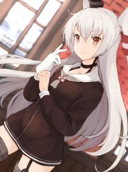 Rule 34 | 1girl, amatsukaze (kancolle), blurry, blurry background, brown dress, brown eyes, dress, garter straps, gloves, grey neckerchief, hair tubes, hat, highres, indoors, kantai collection, lifebuoy, lifebuoy ornament, long hair, long sleeves, mini hat, nazono neko, neckerchief, sailor dress, short dress, single glove, solo, standing, swim ring, thighhighs, two side up, white gloves, white hair