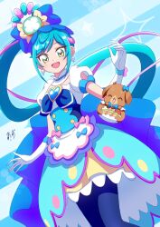 Rule 34 | 1girl, apron, artist name, blue background, blue bow, blue dress, blue eyes, blue hair, blue pantyhose, bow, brooch, commentary, cure spicy, delicious party precure, dress, dutch angle, earrings, fuwa kokone, gloves, green eyes, hair bow, hair ornament, heart, heart brooch, highres, jewelry, long hair, looking at viewer, magical girl, medium dress, multicolored hair, open mouth, pam-pam (precure), pantyhose, precure, puffy short sleeves, puffy sleeves, purple hair, rope, shimenawa, short sleeves, side ponytail, signature, smile, solo, standing, two-tone hair, very long hair, waist apron, white gloves, zerolay