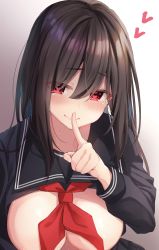 Rule 34 | 1girl, bad id, bad pixiv id, black serafuku, blush, breasts, cleavage, clothes pull, commentary request, finger to mouth, highres, large breasts, long hair, long sleeves, looking at viewer, original, ramchi, red eyes, school uniform, serafuku, shirt pull, smile, solo, yandere-chan (ramchi)