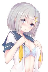 Rule 34 | 10s, 1girl, bad id, bad twitter id, blue bra, blue eyes, blush, bra, breasts, collarbone, eyes visible through hair, hair ornament, hair over one eye, hairclip, hamakaze (kancolle), kantai collection, looking at viewer, medium breasts, navel, neckerchief, open clothes, open mouth, sailor collar, school uniform, serafuku, short hair, short sleeves, silver hair, simple background, solo, underwear, upper body, watanon (gakushokutei), white background, yellow neckerchief