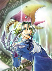 Rule 34 | 00s, 1boy, blue dress, clenched teeth, coat, collar, dress, dyed bangs, evil grin, evil smile, green hair, grin, leaning back, long sleeves, looking at viewer, majin tantei nougami neuro, male focus, neuro, nougami neuro, parted lips, smile, solo, teeth, upper body