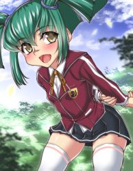 Rule 34 | 1girl, arms behind back, blush, breasts, green hair, hajime shindo, legs, luca (yu-gi-oh!), open mouth, pig tail, school uniform, skirt, small breasts, smile, tail, thick thighs, thighs, yellow eyes, yu-gi-oh!, yu-gi-oh! 5d&#039;s