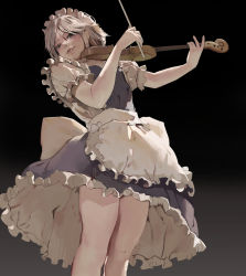 Rule 34 | 1girl, absurdres, backlighting, blue dress, blue eyes, blush, dress, frilled dress, frilled sleeves, frills, highres, holding, holding instrument, holding violin, instrument, izayoi sakuya, lips, looking at viewer, looking down, maid, maid headdress, masaki (ekakiningen), nose, parted bangs, perspective, shirt, short dress, short hair, short sleeves, sideways glance, solo, thighs, touhou, two-tone background, violin, white hair, white shirt