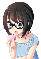 Rule 34 | 1girl, blue eyes, brown hair, collar, collarbone, food, frilled collar, frills, glasses, highres, holding, holding food, nekobaka, open mouth, original, short hair, short sleeves, simple background, solo, white background