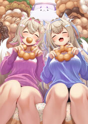 Rule 34 | 2girls, alternate costume, animal ear fluff, animal ears, bandaid, bandaid hair ornament, blonde hair, blue hair, blue hairband, blue nails, blue sweater, blush, closed eyes, commentary, dog ears, dog girl, doughnut, eating, facing viewer, fangs, feet out of frame, food, from below, fuwawa abyssgard, hair between eyes, hair intakes, hair ornament, hairband, hairclip, happy, highres, holding, holding food, hololive, hololive english, kaigan, long hair, long sleeves, mococo abyssgard, multicolored hair, multiple girls, nail polish, open mouth, oversized food, oversized object, perroccino (fuwamoco), pink hair, pink hairband, pink nails, pink sweater, pon de ring, romaji commentary, short hair, siblings, side-by-side, sisters, sitting, skin fangs, smile, streaked hair, sweater, twins, two side up, virtual youtuber, x hair ornament