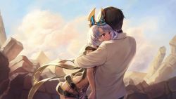 Rule 34 | 1boy, 1girl, ark mobius, artist request, ass, brown hair, character request, cloud, day, game cg, hetero, hug, jacket, long hair, open mouth, outdoors, red eyes, revealing clothes, short hair, white hair, white jacket