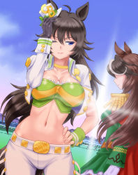 Rule 34 | 2girls, ahoge, animal ears, bandeau, blouse, blue sky, breasts, brown hair, cape, choker, cleavage, closed mouth, cloud, collarbone, commentary request, cowboy shot, cropped jacket, epaulettes, gloves, gradient sky, green bandeau, green jacket, green shirt, green skirt, groin, hair between eyes, hair ornament, hand on own head, hand on own hip, hat, highres, horse ears, horse girl, horse tail, jacket, large breasts, long hair, long sleeves, looking back, midriff, mini hat, mitarashi dingo, mr. c.b. (umamusume), multicolored hair, multiple girls, navel, one eye closed, open clothes, open jacket, outdoors, pants, pleated skirt, red cape, shaded face, shirt, sidelocks, single epaulette, single sleeve, skirt, sky, standing, streaked hair, sunlight, sunset, symboli rudolf (umamusume), tail, umamusume, white gloves, white hair, white headwear, white jacket, white pants, wrist cuffs, yellow choker