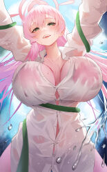 Rule 34 | 1girl, absurdres, ahoge, bikini, bikini under clothes, blue archive, blurry, blurry background, blush, braid, breasts, buttons, chinese commentary, collarbone, collared shirt, commentary request, eyelashes, from below, girl on top, green eyes, hair between eyes, halo, hanako (blue archive), hanako (swimsuit) (blue archive), highres, hose, huge breasts, lips, long hair, long sleeves, narrowed eyes, open mouth, outstretched arms, pink bikini, pink hair, pink halo, senba (592683801), shirt, smile, solo, spread arms, swimsuit, teeth, thighs, upper teeth only, water drop, wet, wet clothes, wet shirt, white shirt