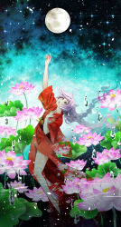 Rule 34 | 1girl, alternate costume, aqua eyes, arm up, barefoot, blue background, braid, floral print, flower, full moon, gradient background, hand on own chest, highres, japanese clothes, kimono, leaning back, light purple hair, lily pad, long hair, looking up, lotus, moon, obi, open mouth, orihara sachiko, petals, rana (vocaloid), reaching, sash, solo, star (sky), twin braids, very long hair, vocaloid, water drop
