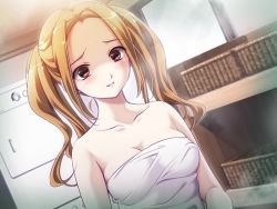 Rule 34 | 1girl, bare shoulders, basket, blush, breasts, brown hair, cleavage, dutch angle, embarrassed, game cg, hell guide, indoors, kawashima hounami, long hair, m no violet, naked towel, red eyes, santa matsuri, smile, solo, steam, towel, twintails, wet, window